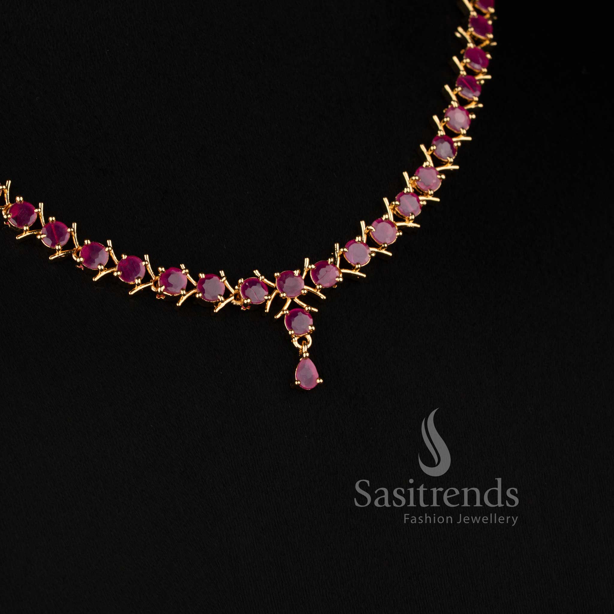 Guaranteed One Gram Micro Gold Plated elegant floral vine American Diamond necklace set for festive wear - Sasitrends 