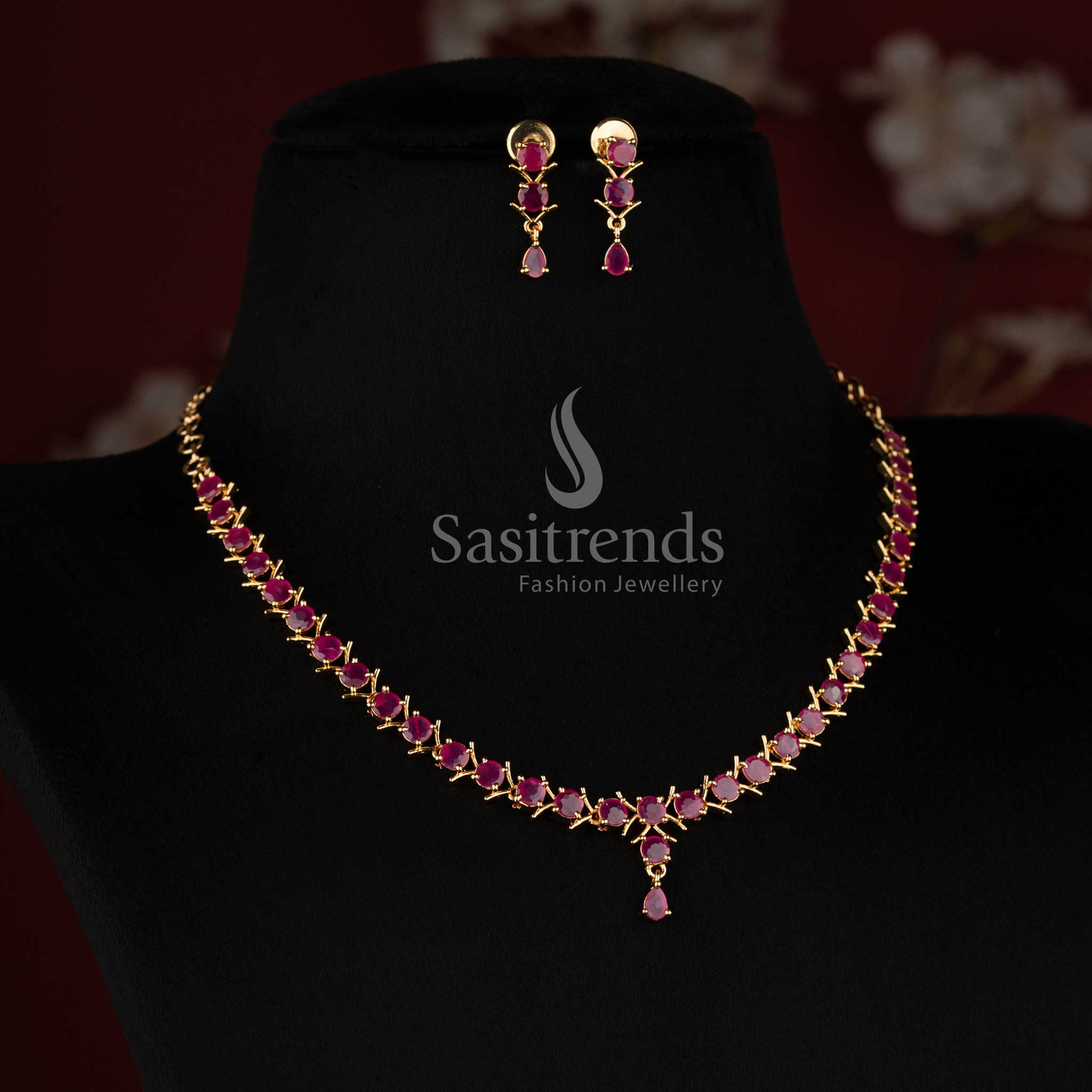 Guaranteed One Gram Micro Gold Plated elegant floral vine American Diamond necklace set for festive wear - Sasitrends 