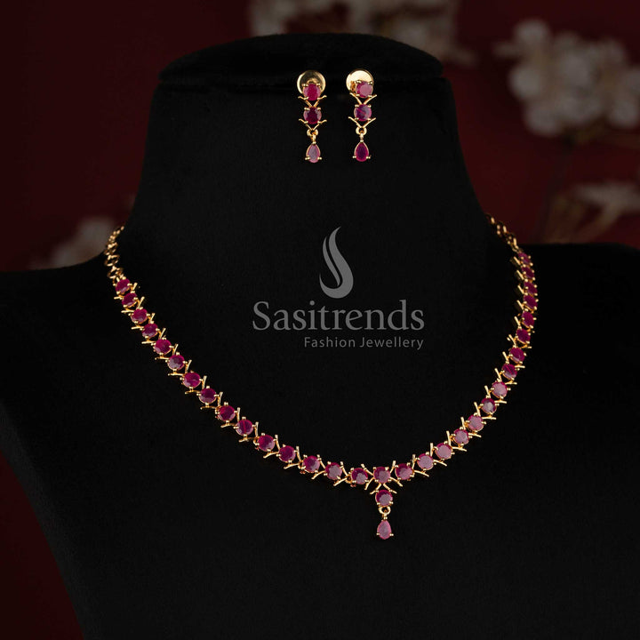 Guaranteed One Gram Micro Gold Plated elegant floral vine American Diamond necklace set for festive wear - Sasitrends 