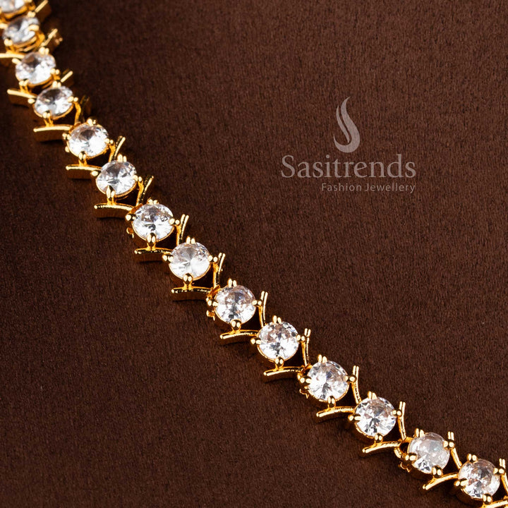 Elegant white stone short necklace jewellery set with sparkling AD stones for women.