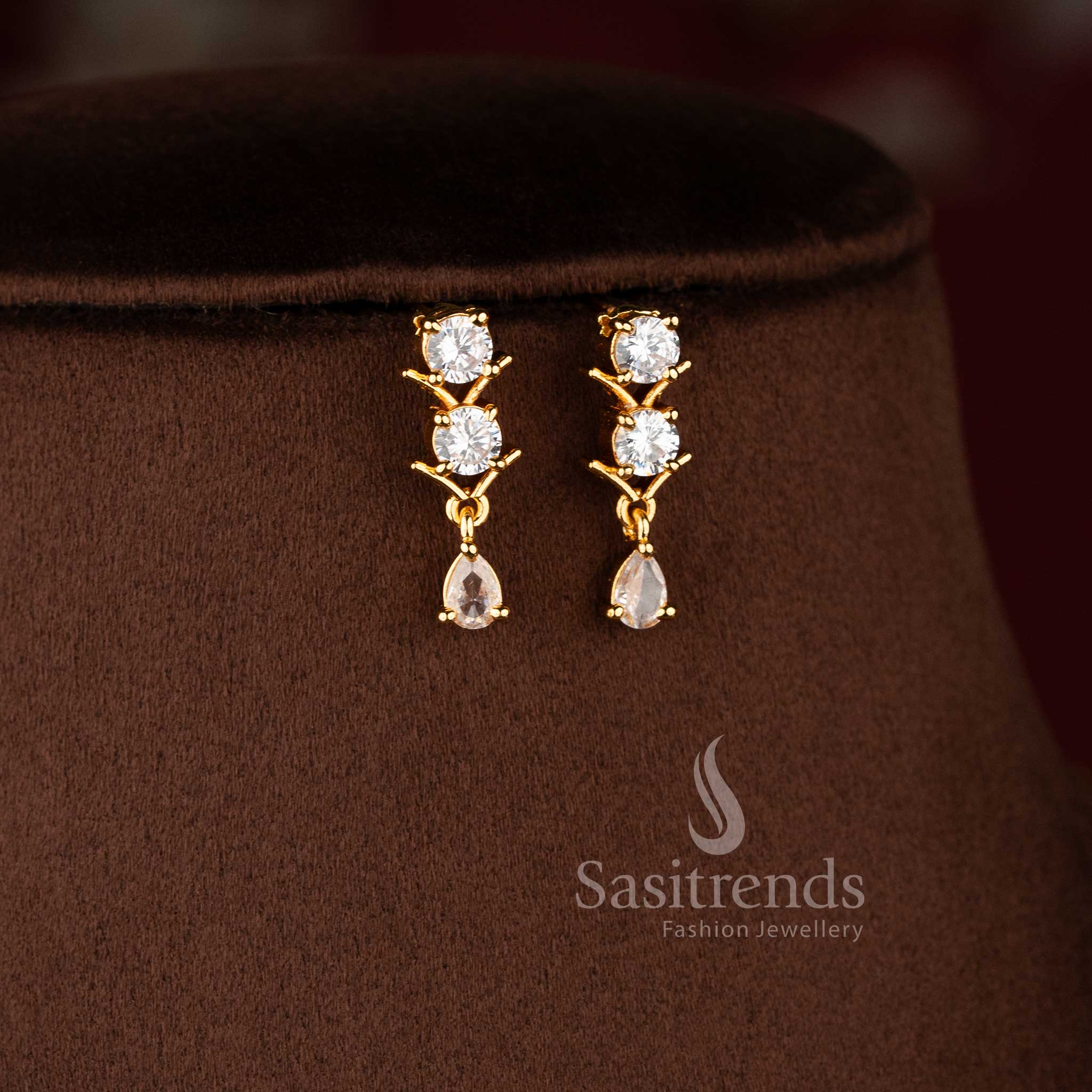 Elegant pavalam stone long necklace jewellery set with sparkling AD stones for women.