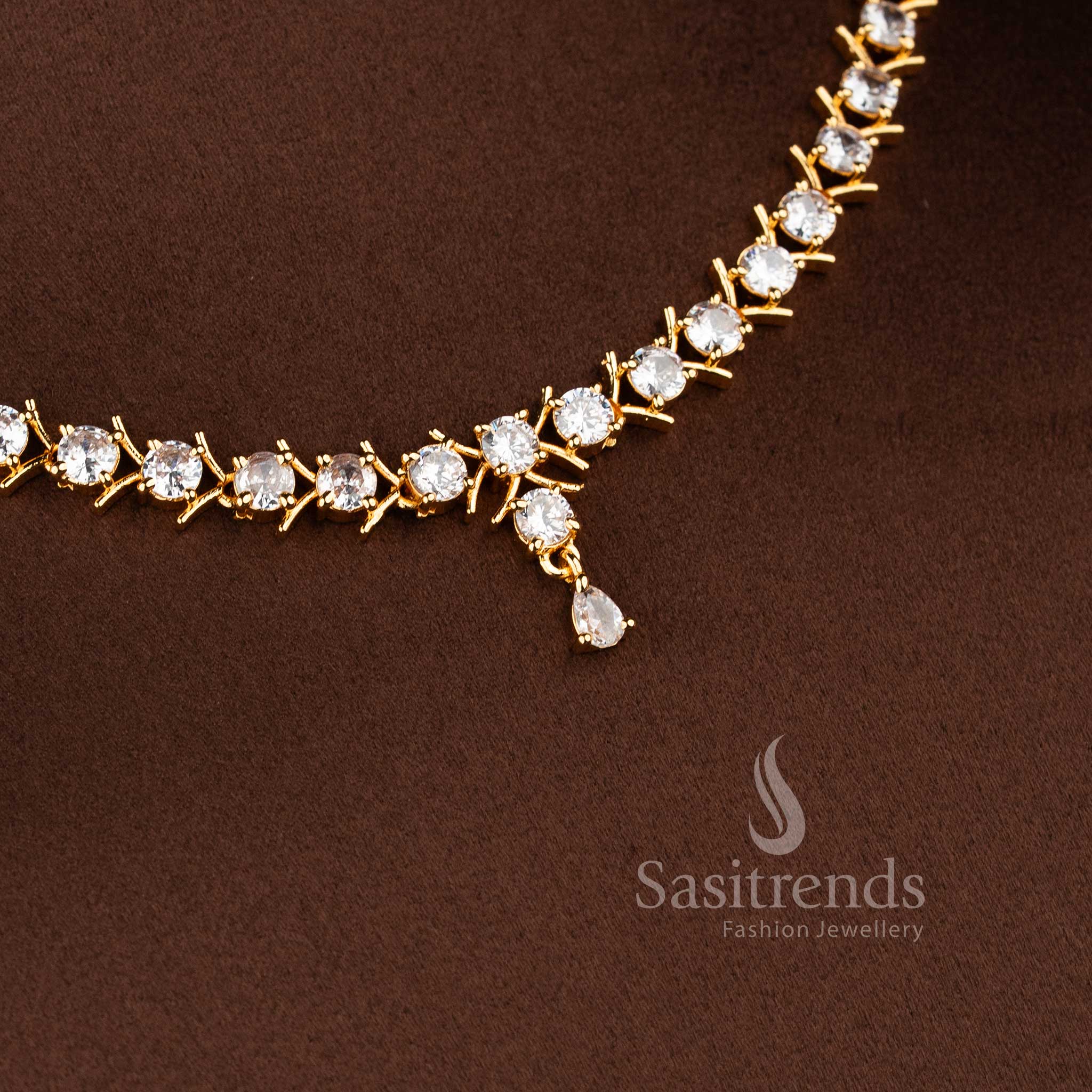 Traditional micro gold plated White short necklace set with American Diamond accents.