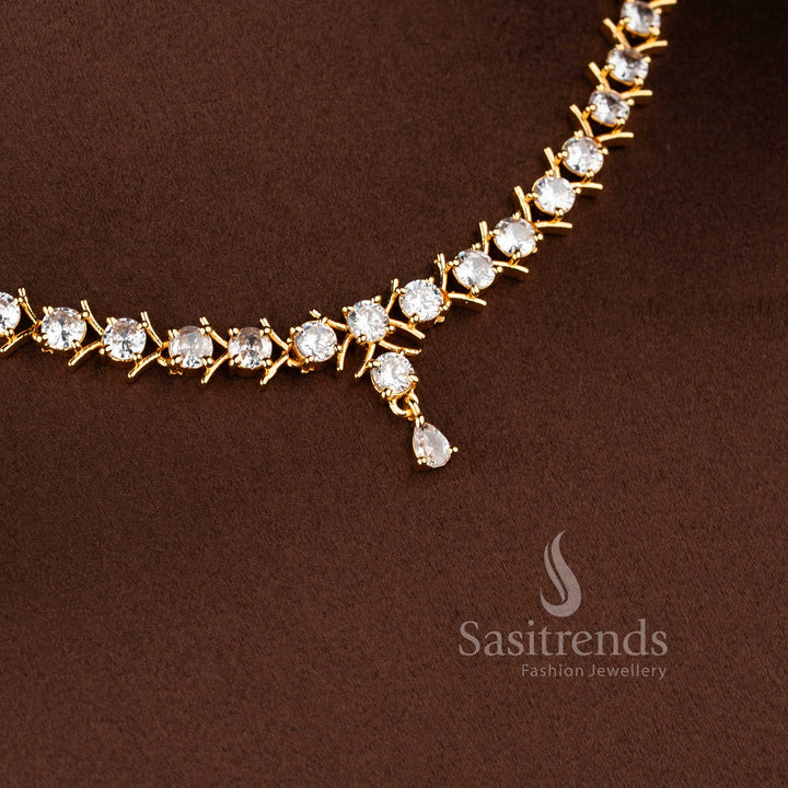Traditional micro gold plated White short necklace set with American Diamond accents.