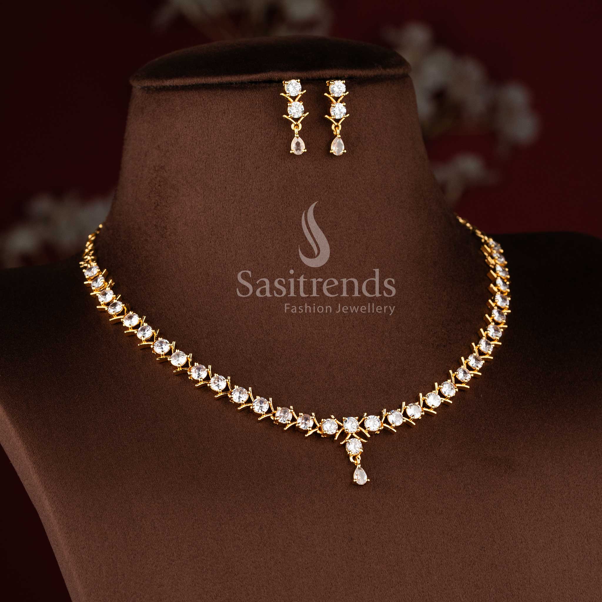 Elegant pavalam stone long necklace jewellery set with sparkling AD stones for women.