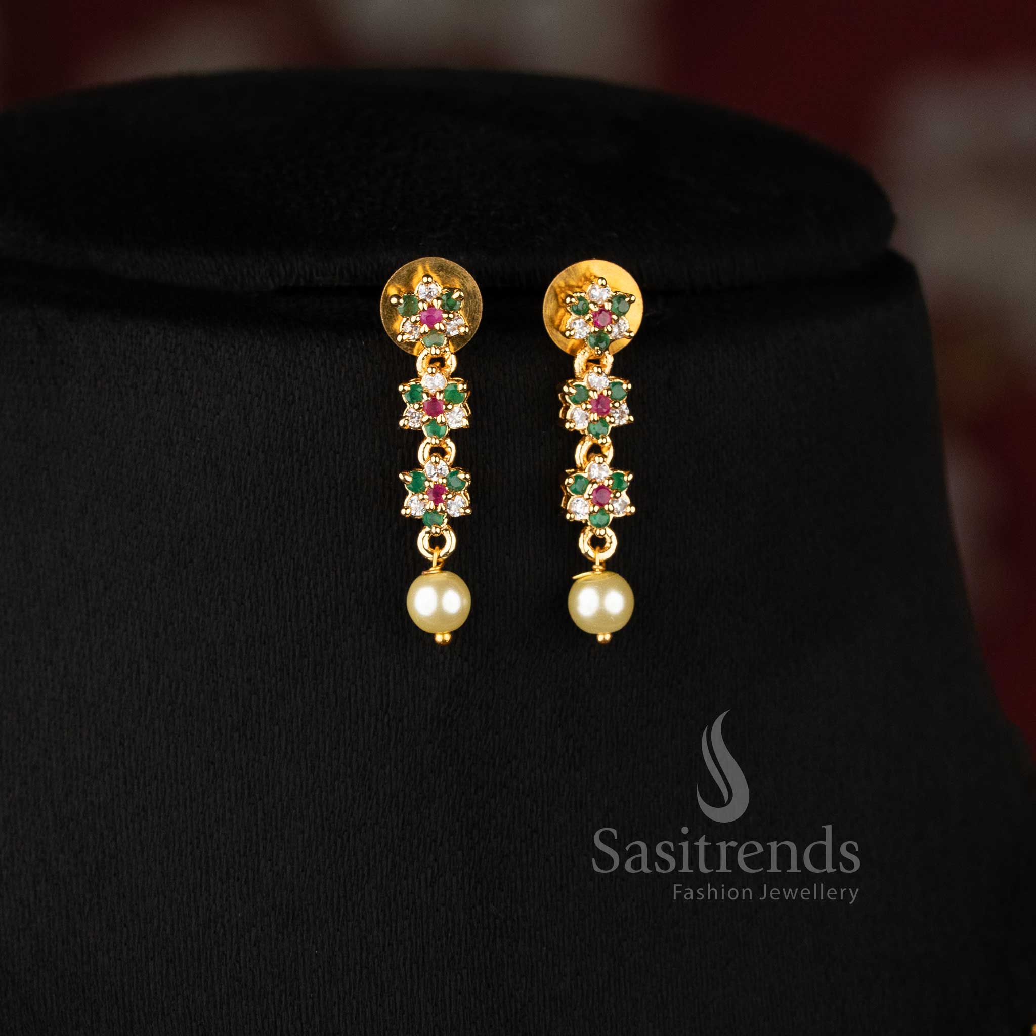 Vibrant micro gold plated AD star floral necklace in multicolour with pearl drops, one gram jewellery, 24K shine – Sasitrends