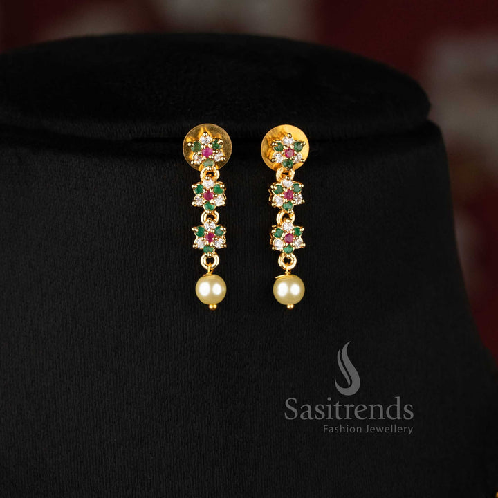 Vibrant micro gold plated AD star floral necklace in multicolour with pearl drops, one gram jewellery, 24K shine – Sasitrends