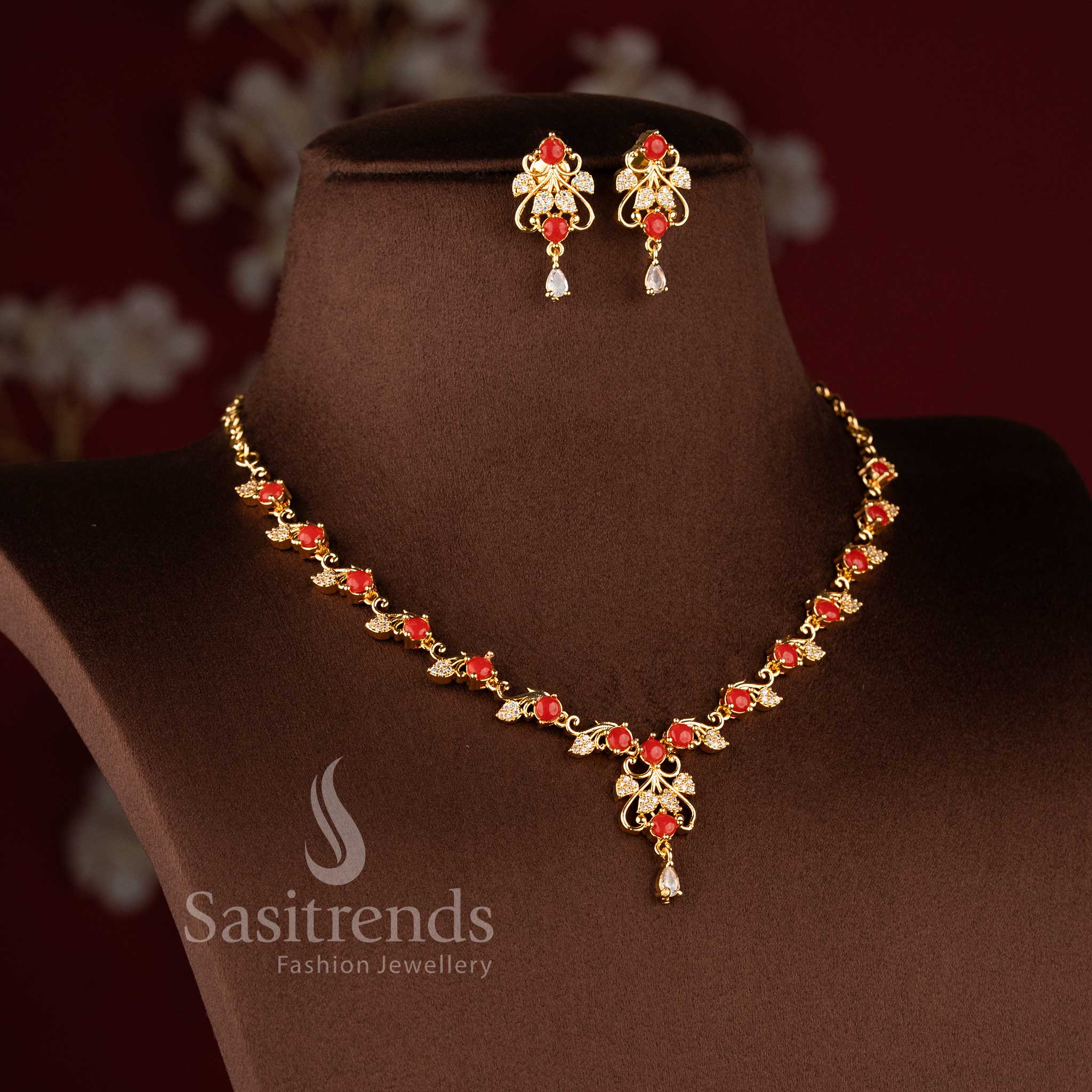 Traditional micro gold plated pavalam necklace set with sparkling American Diamonds.
