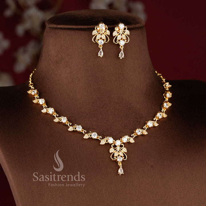 Traditional micro gold plated white necklace set with sparkling American Diamonds.