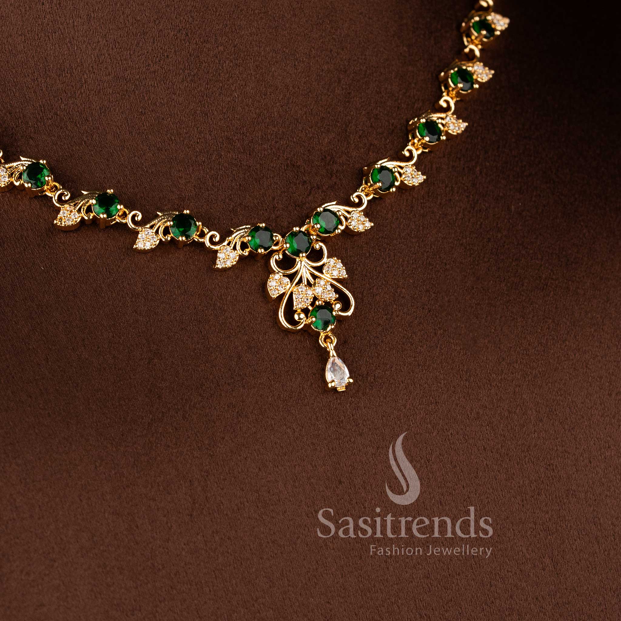 Royal Vine Floral American Diamond green stone necklace set by Sasitrends.