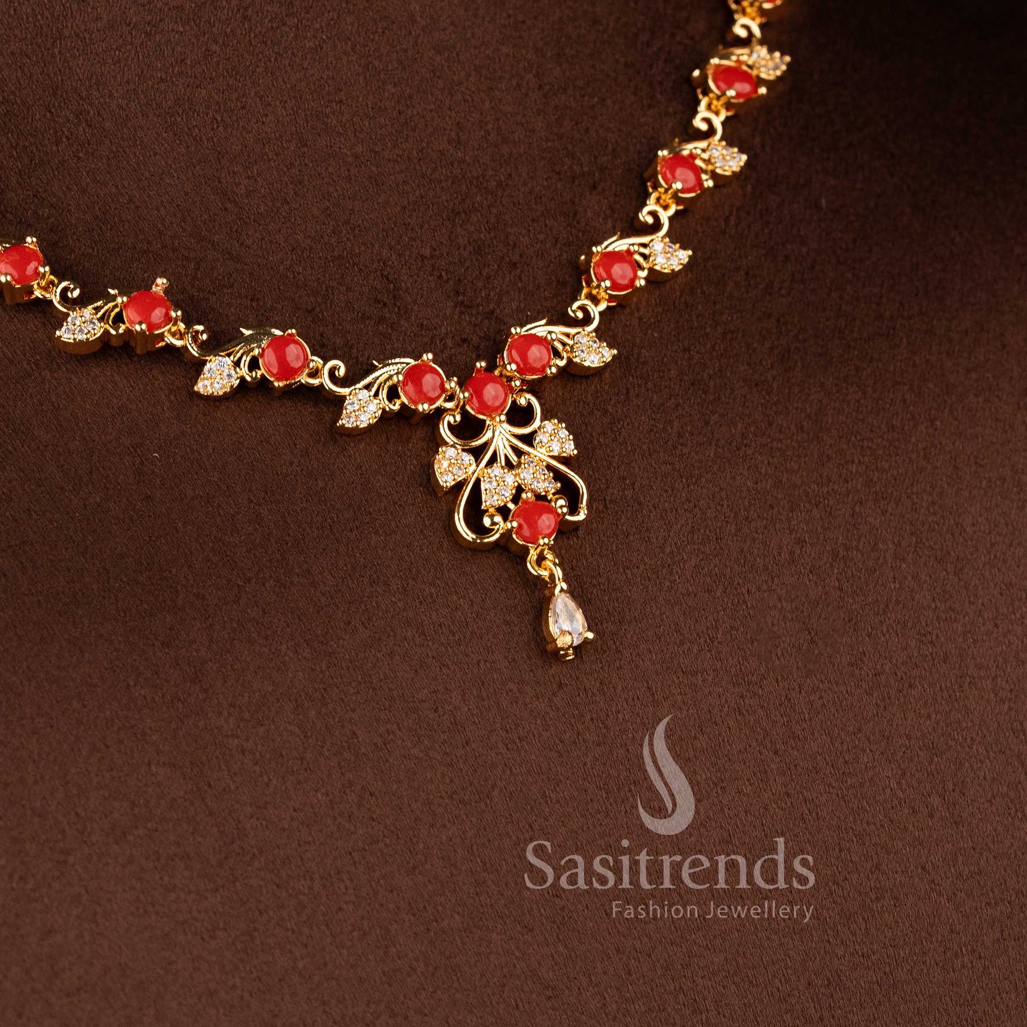 Royal Vine Floral American Diamond pavalam necklace set by Sasitrends.