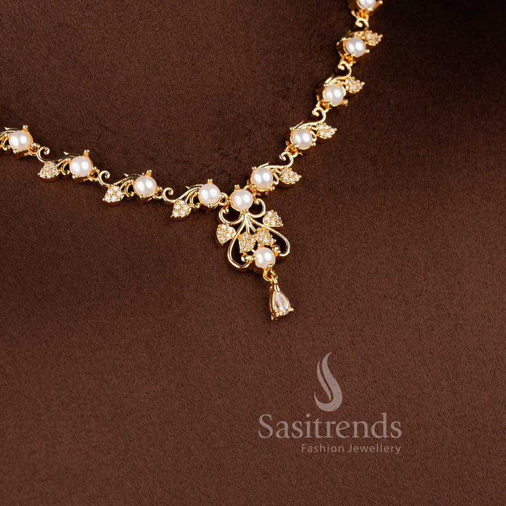 Traditional micro gold plated pearl necklace set with sparkling American Diamonds.