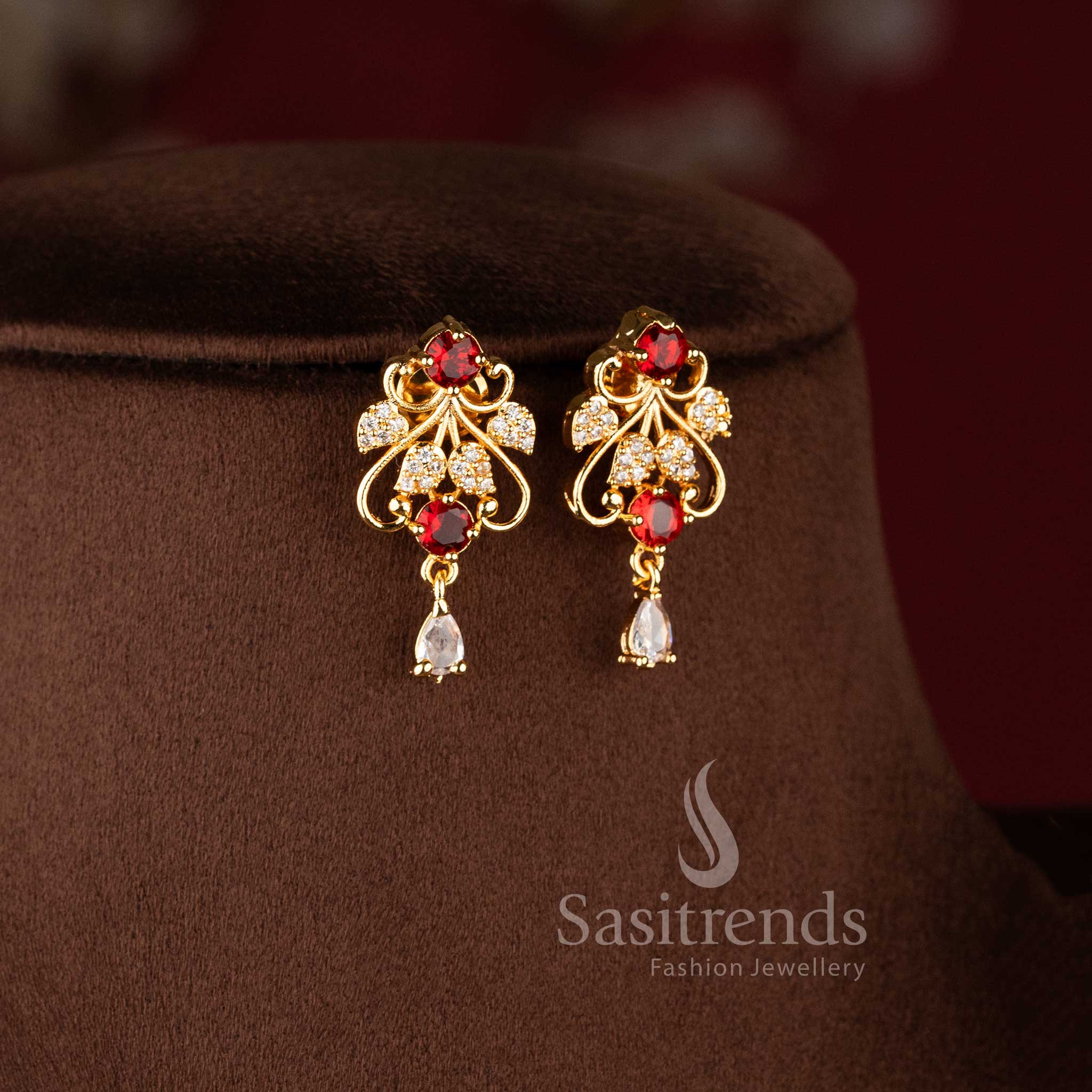 Traditional micro gold plated red stone necklace set with sparkling American Diamonds.