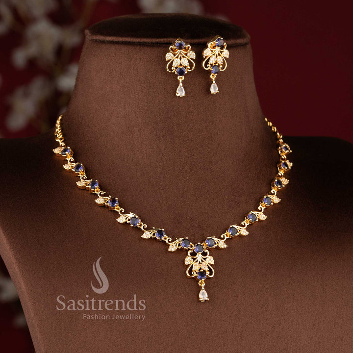 Stylish floral vine AD necklace jewellery set with blue stones for women.