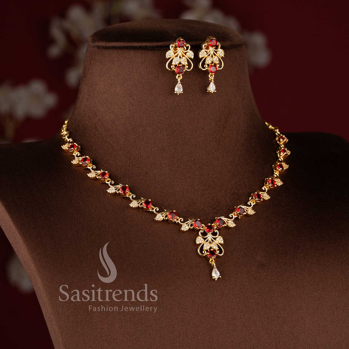 Traditional micro gold plated red stone necklace set with sparkling American Diamonds.
