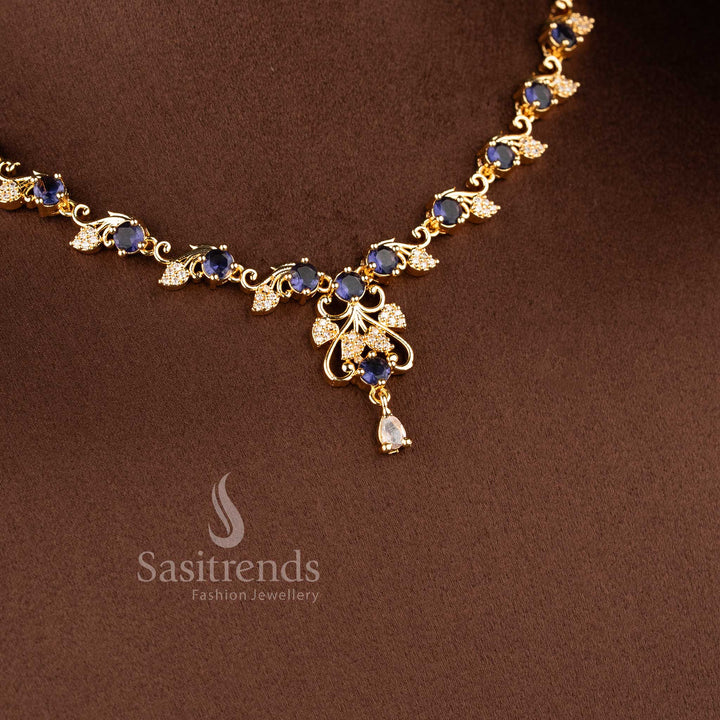Stylish floral vine AD necklace jewellery set with blue stones for women.