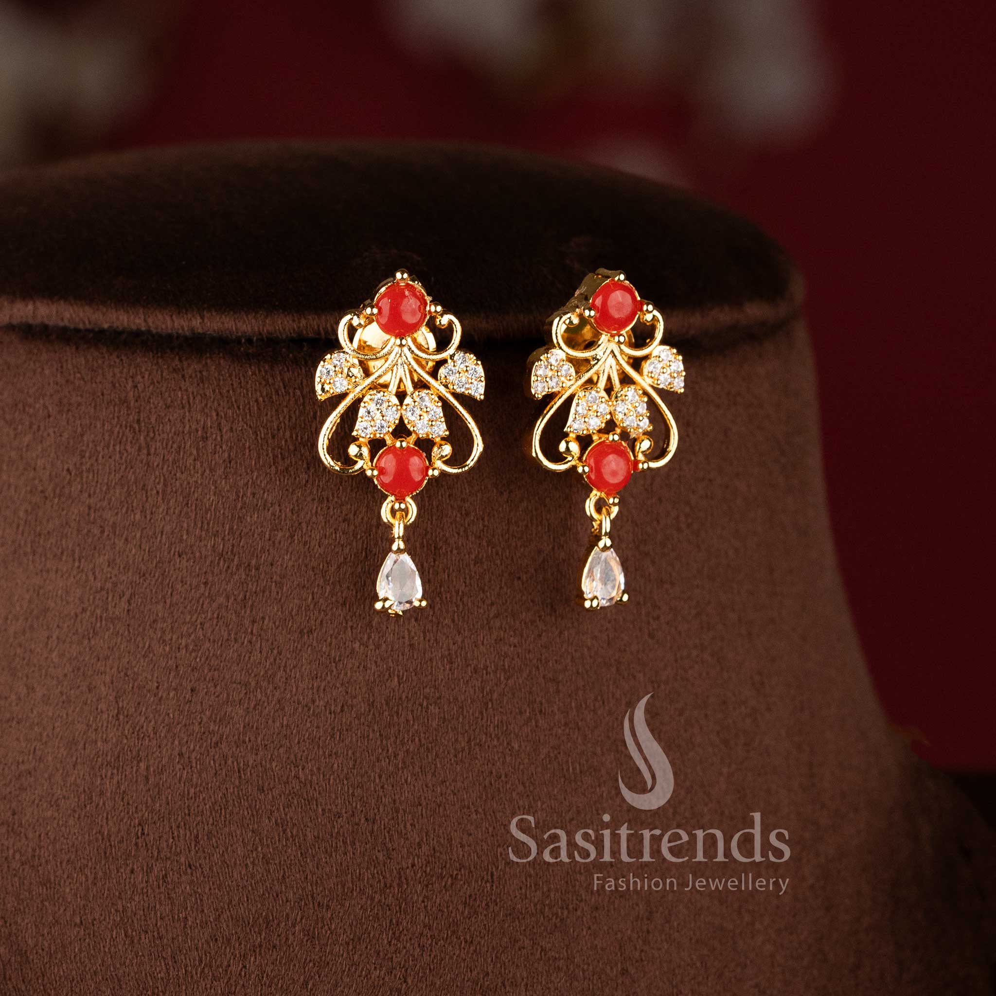 Traditional micro gold plated pavalam necklace set with sparkling American Diamonds.