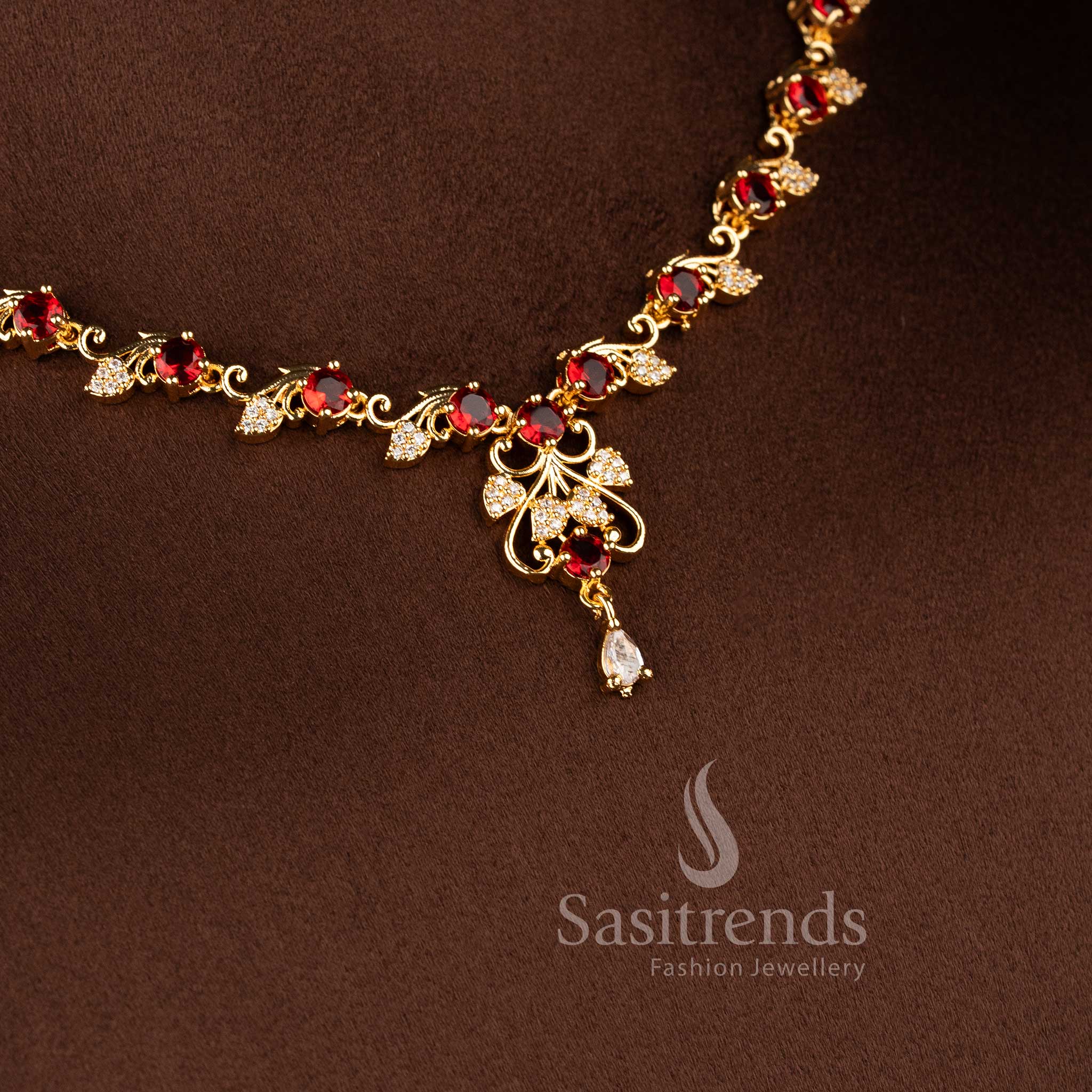 Traditional micro gold plated red stone necklace set with sparkling American Diamonds.