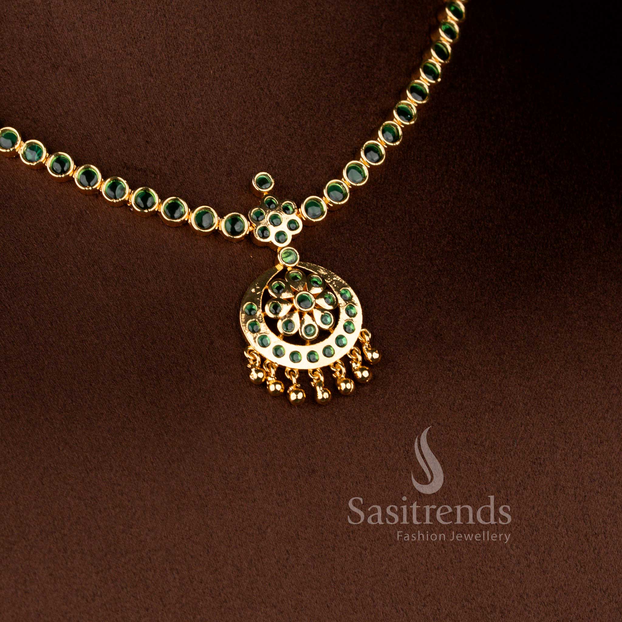 Traditional Green Kemp Stone Micro Gold Plated Attigai Necklace Jewellery Set with Classic Temple Design for Women - Sasitrends