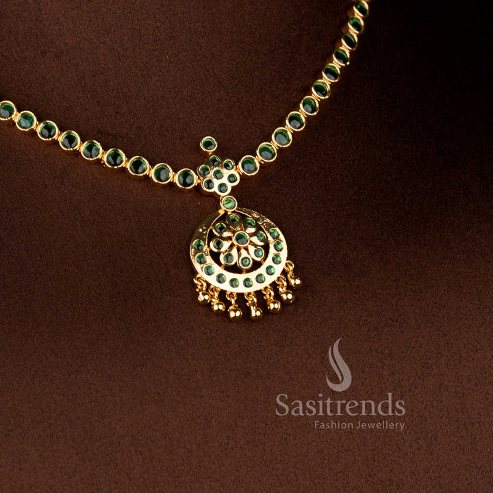Traditional Green Kemp Stone Micro Gold Plated Attigai Necklace Jewellery Set with Classic Temple Design for Women - Sasitrends