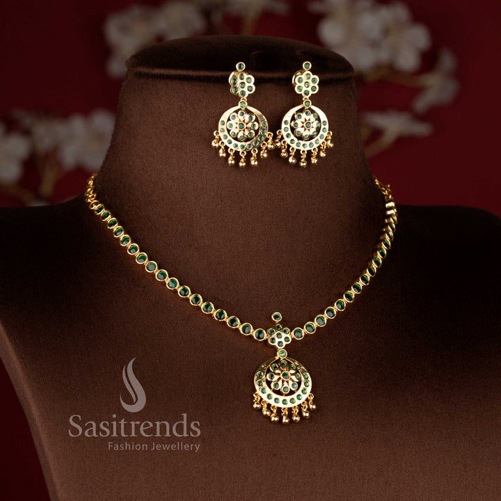 South Indian Temple Style Kemp Stone Attigai Necklace Jewellery Set Featuring Heritage Medallion Pendant and Matching Earrings - Sasitrends