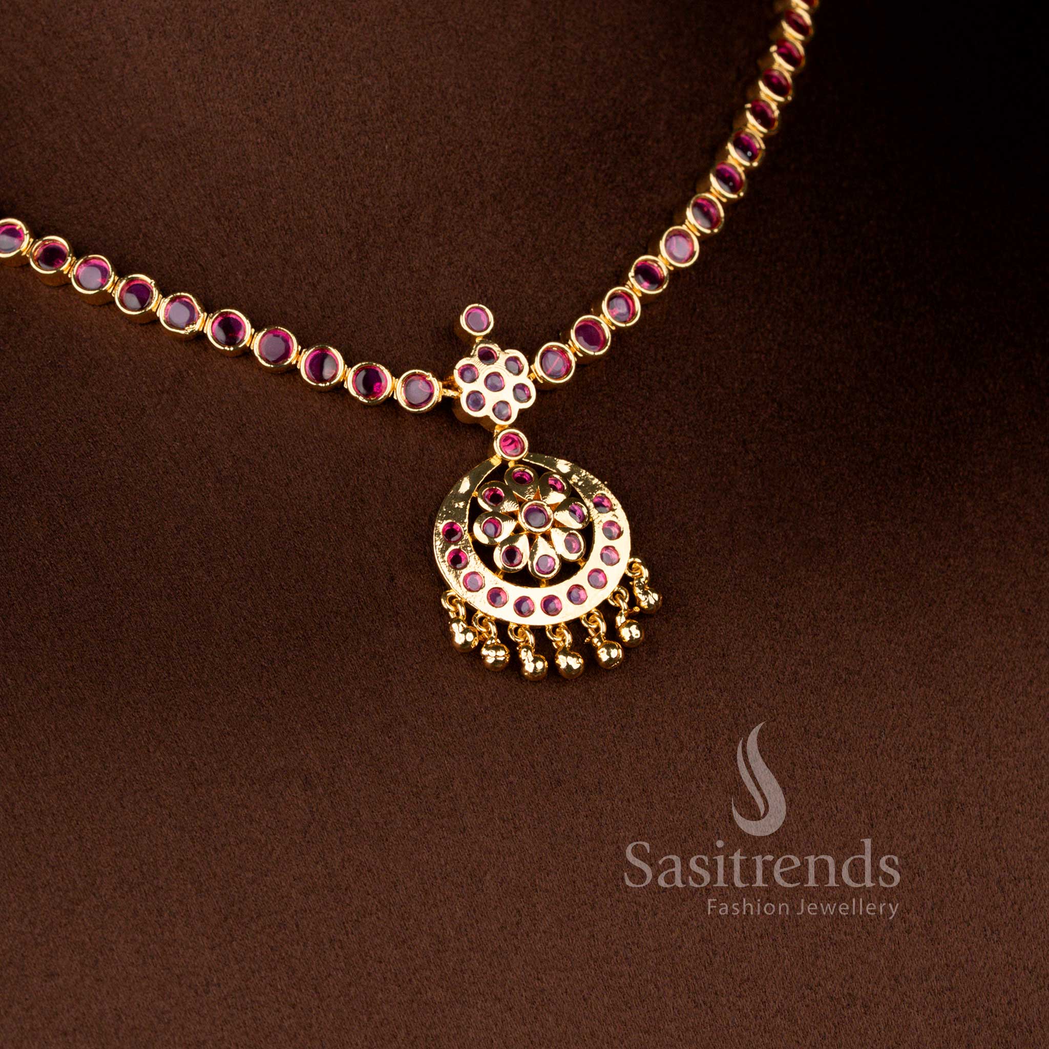 Traditional Ruby Kemp Stone Micro Gold Plated Attigai Necklace Jewellery Set with Classic Temple Design for Women - Sasitrends
