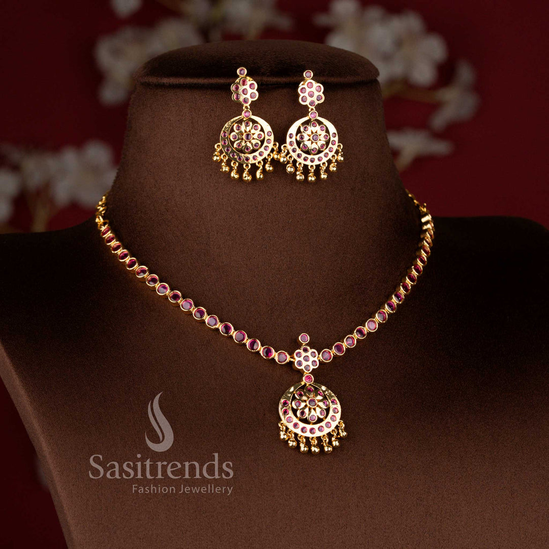 Guaranteed Micro Gold Plated Traditional Kemp Stone Attigai Necklace Jewellery Set with Matching Hanging Earrings, Look Like Real Gold - Sasitrends