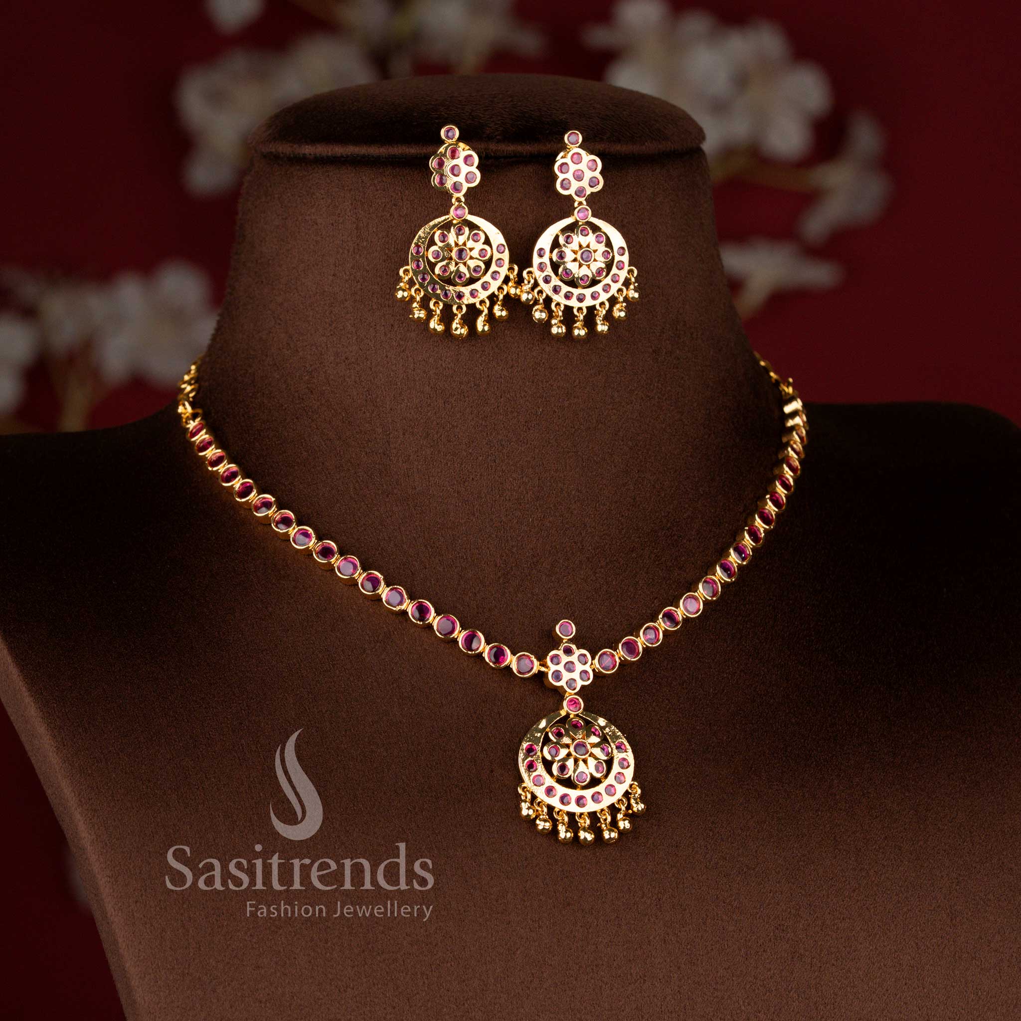 Guaranteed Micro Gold Plated Traditional Kemp Stone Attigai Necklace Jewellery Set with Matching Hanging Earrings, Look Like Real Gold - Sasitrends