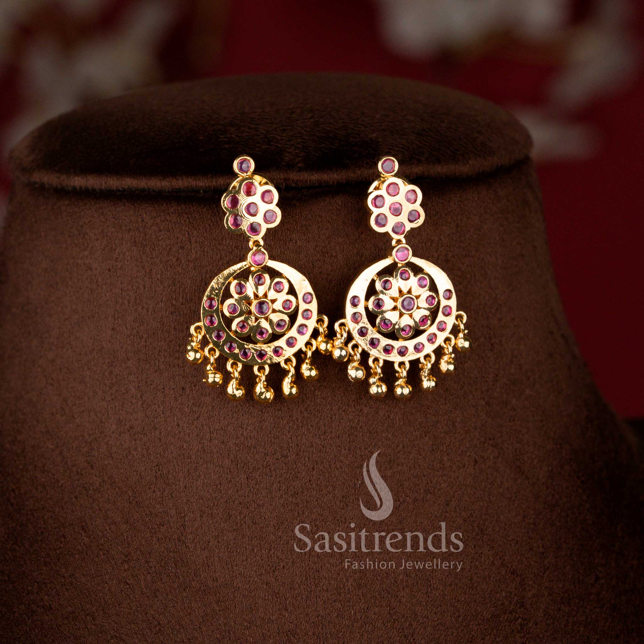 Traditional Ruby Kemp Stone Micro Gold Plated Attigai Necklace Jewellery Set with Classic Temple Design for Women - Sasitrends