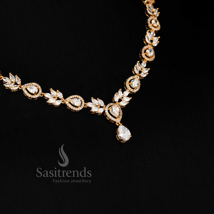 Micro Gold Plated American Diamond Lotus Petal Linked Teardrop Necklace Set – sasitrends