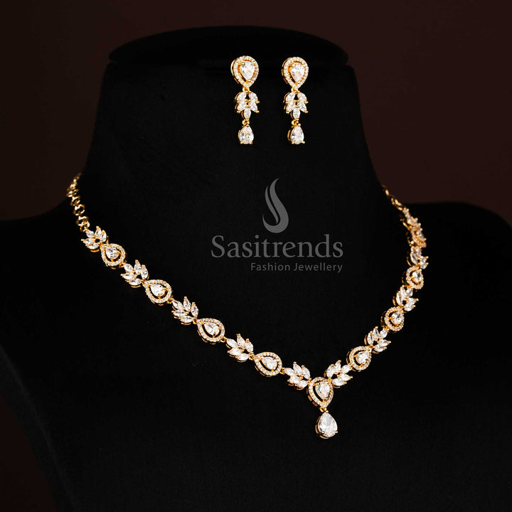 Elegant Micro Gold Plated Linked Lotus Motif Necklace Set with AD Stones – sasitrends