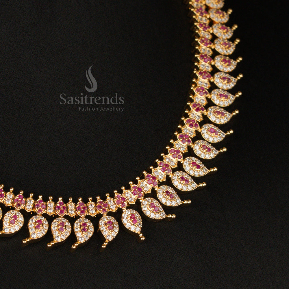 Elegant white-ruby stone leaf mango short haram necklace set, featuring gold plating and a traditional handcrafted jewellery design for special occasions - Sasitrends