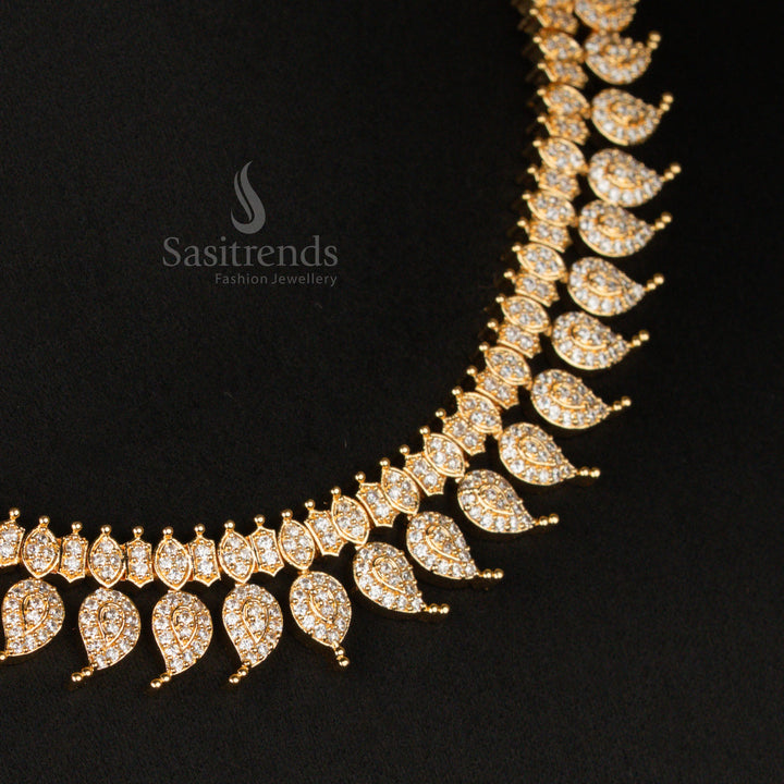 Royal micro gold plated American Diamond leaf mango short haram necklace set, adorned with radiant white stones, creating a regal lustre perfect for bridal jewellery - Sasitrends