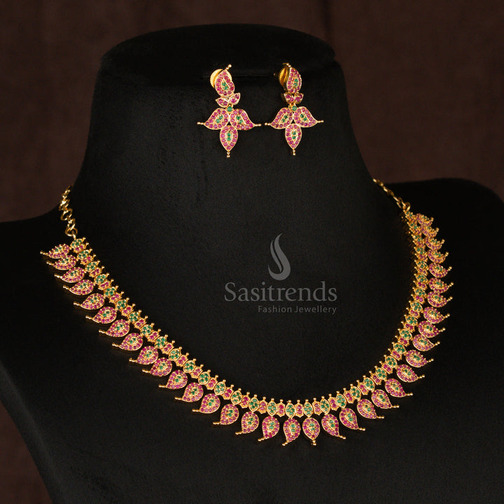 Ornate traditional ruby-green stone gold plated short haram necklace set, boasting an exclusive jewellery design perfect for weddings and festive occasions - Sasitrends