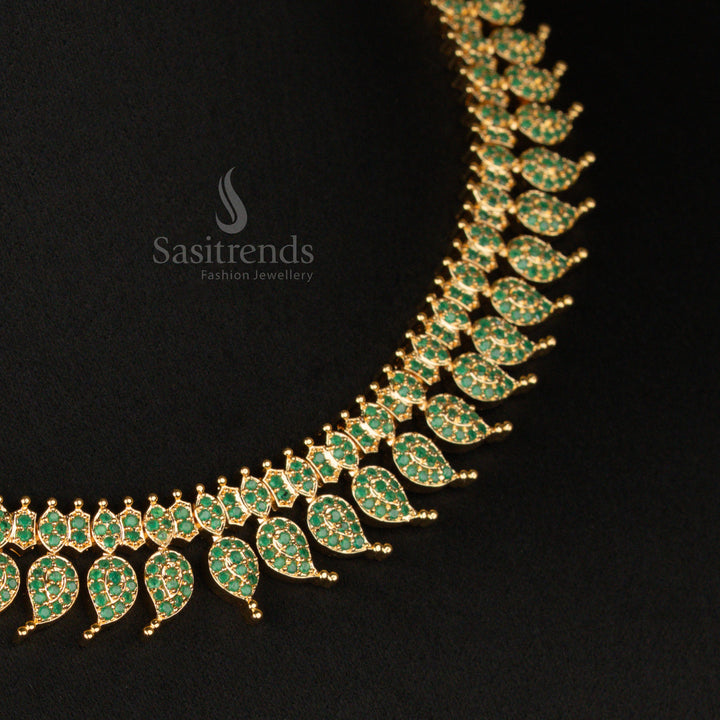 Rich emerald-green American Diamond gold plated short haram necklace set, boasting an ornate designer jewellery finish, ideal for special occasions and celebrations - Sasitrends