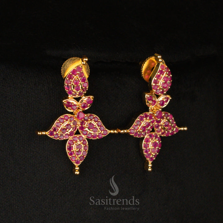 Stunning American Diamond short haram necklace earrings set, featuring deep ruby stones with a gold-plated finish, creating a traditional fine jewellery piece with a touch of elegance - Sasitrends