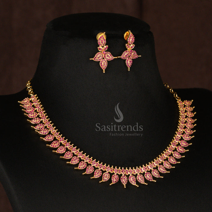 Exquisite American Diamond mango leaf short haram necklace set, beautifully designed with ruby-red stones and micro gold plating for an ornate traditional jewellery masterpiece - Sasitrends
