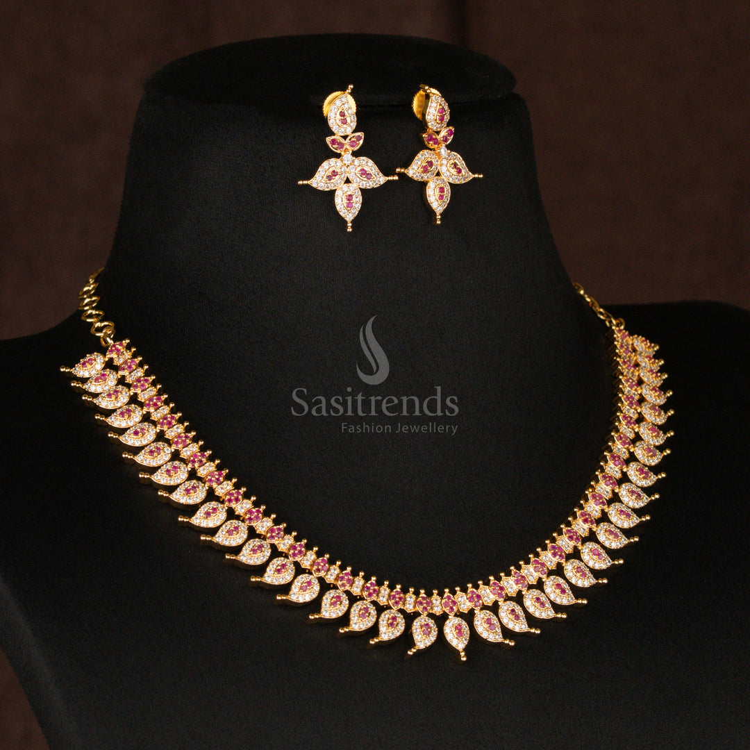 Beautiful American Diamond micro gold plated short haram necklace set, showcasing dazzling white and ruby dual-tone stones, making it a perfect bridal jewellery choice - Sasitrends