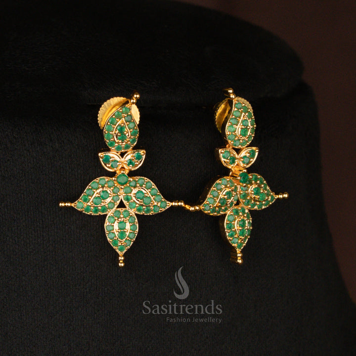Elegant green stone micro gold plated American Diamond short haram earrings set, crafted in an ethnic temple jewellery style for a regal aesthetic - Sasitrends