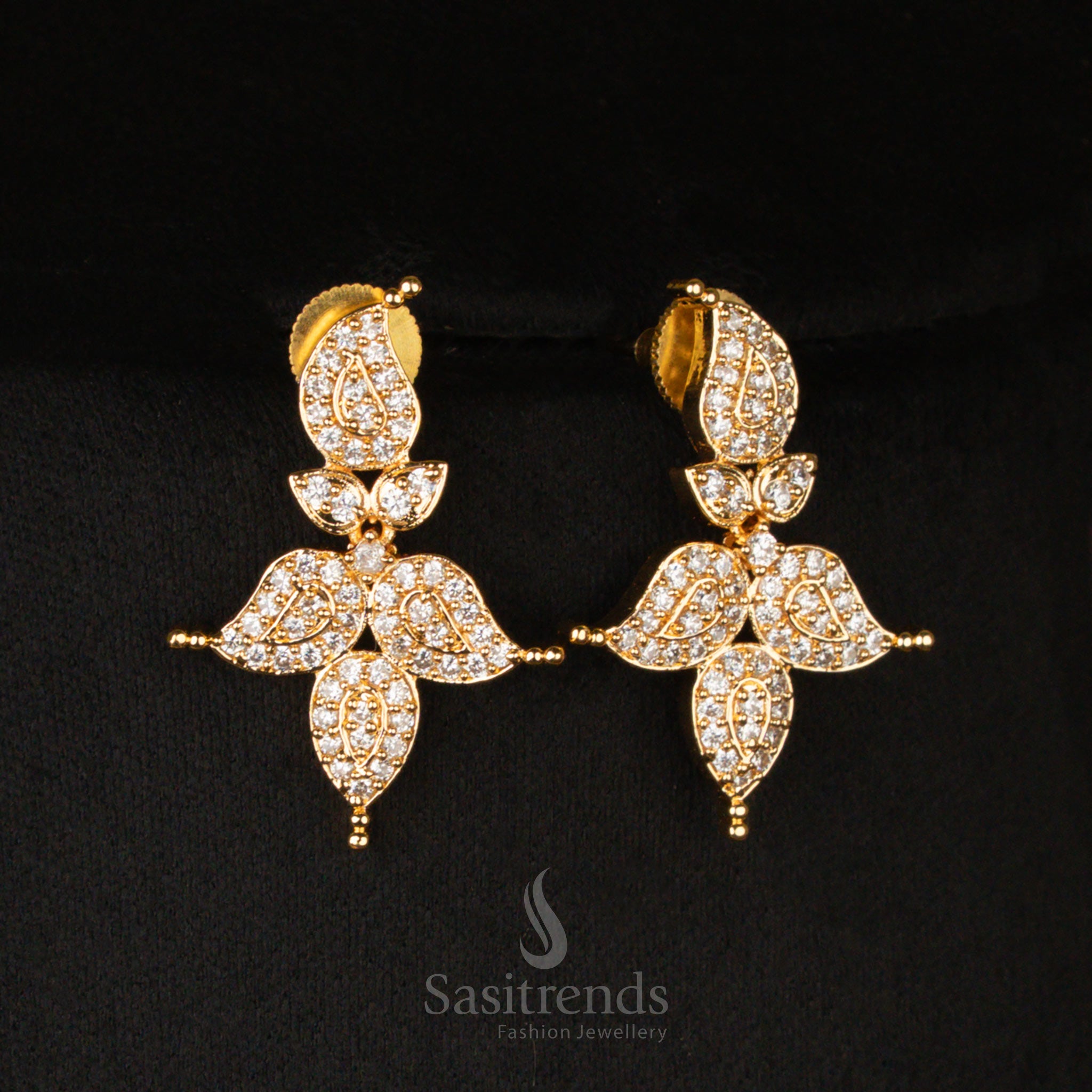 Elegant micro gold plated American Diamond leaf mango short haram necklace earrings set, featuring sparkling pearl-white stones, crafted for a refined bridal jewellery collection - Sasitrends