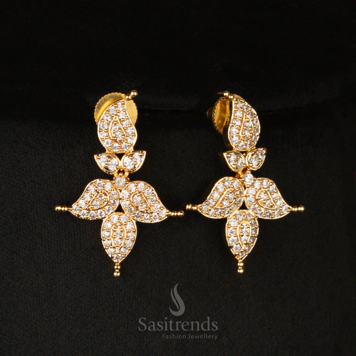 Elegant micro gold plated American Diamond leaf mango short haram necklace earrings set, featuring sparkling pearl-white stones, crafted for a refined bridal jewellery collection - Sasitrends