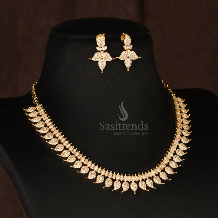 Classic pearl-white American Diamond gold plated mango leaf short haram necklace set, exuding a timeless appeal, perfect for elegant traditional jewellery lovers