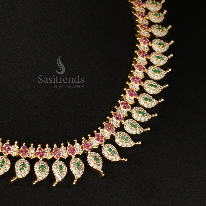 Stunning rainbow gemstone leaf mango short haram necklace set, featuring gold plating and finely crafted multi-color stones, making it an exquisite bridal jewellery masterpiece - Sasitrends