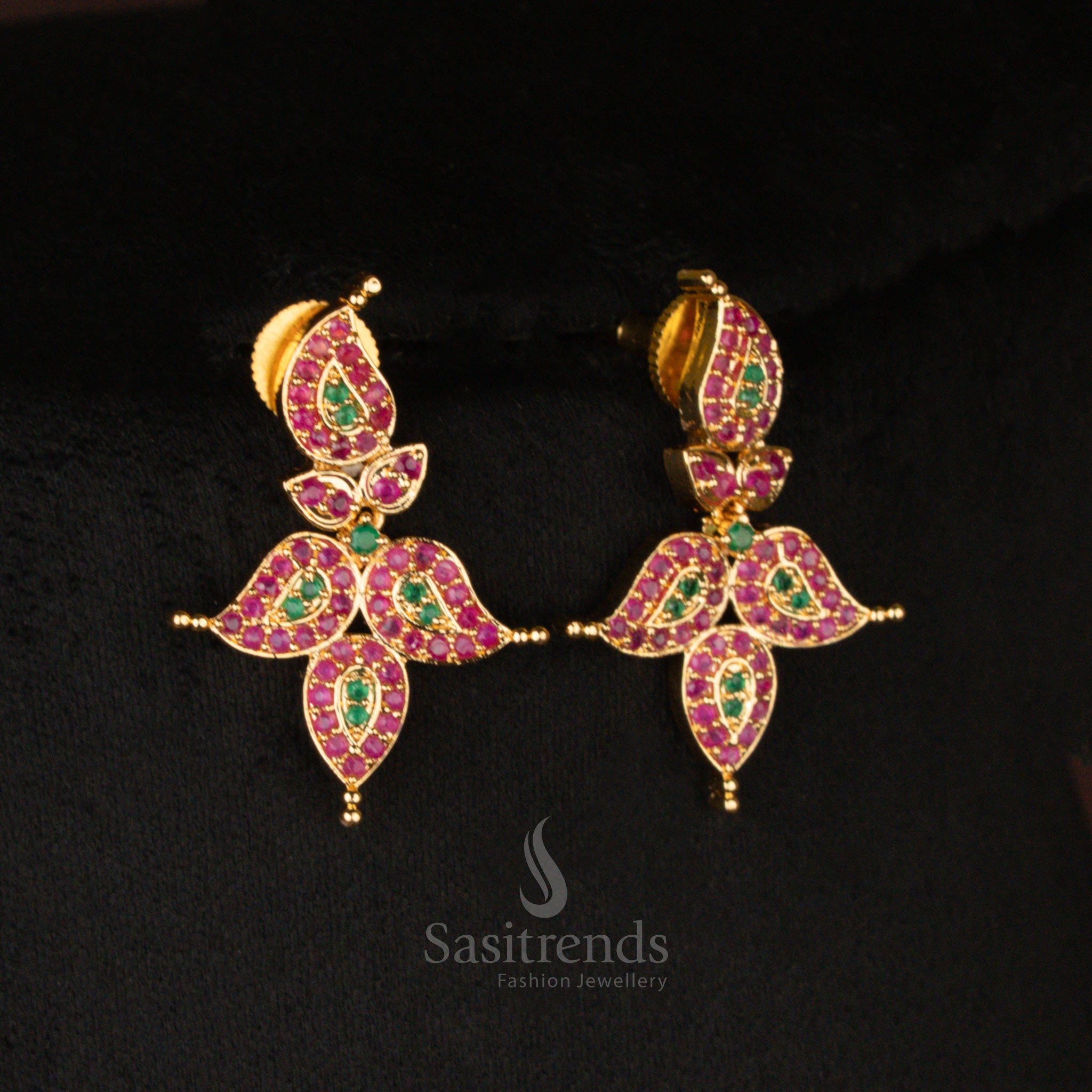 Vibrant micro gold plated American Diamond short haram necklace set, adorned with ruby-green stones, offering a traditional and ornate jewellery style - Sasitrends