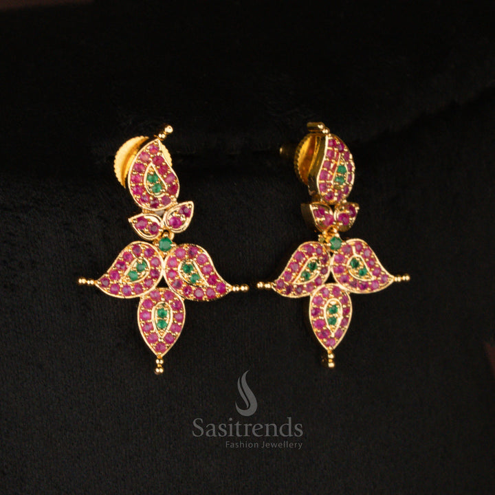 Vibrant micro gold plated American Diamond short haram necklace set, adorned with ruby-green stones, offering a traditional and ornate jewellery style - Sasitrends