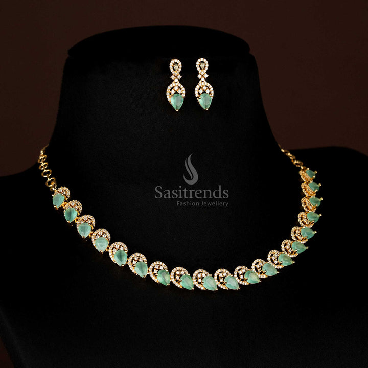 Full view of elegant Mint American Diamond micro gold plated teardrop shaped jewellery set, including necklace and matching earrings, perfect for grand occasions - Sasitrends