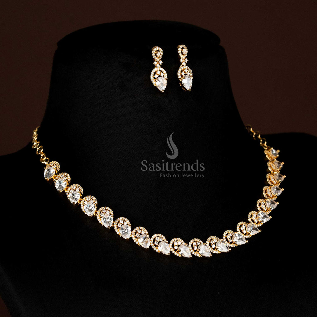 Full view of elegant White American Diamond micro gold plated teardrop shaped jewellery set, including necklace and matching earrings, perfect for grand occasions - Sasitrends
