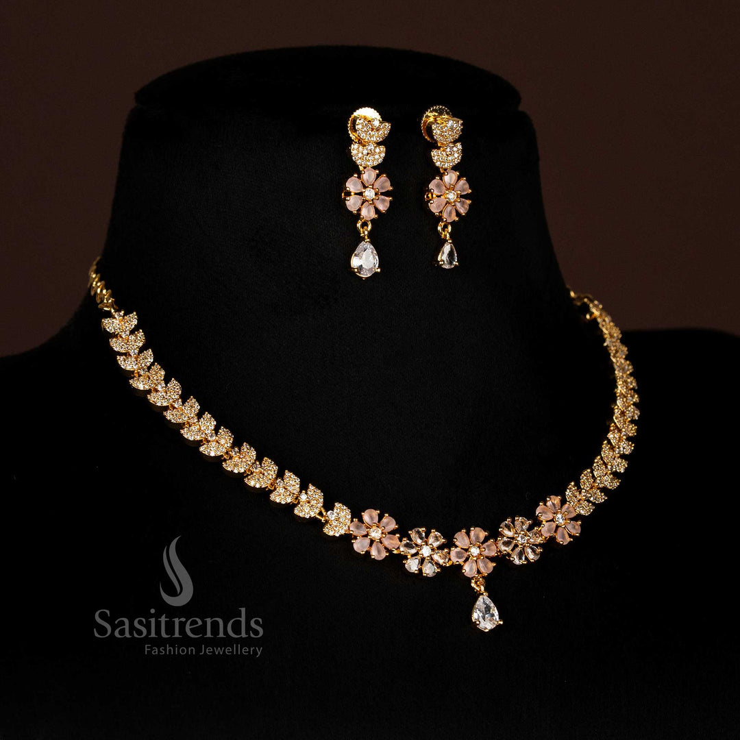 Full view of sparkling American Diamond micro gold plated floral and leaf design necklace set with central teardrop, perfect for festive wear.