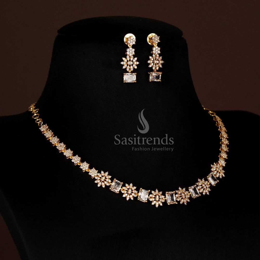 Full view of elegant American Diamond micro gold plated necklace set with alternating starburst and rectangular stone design, perfect for grand occasions - Sasitrends