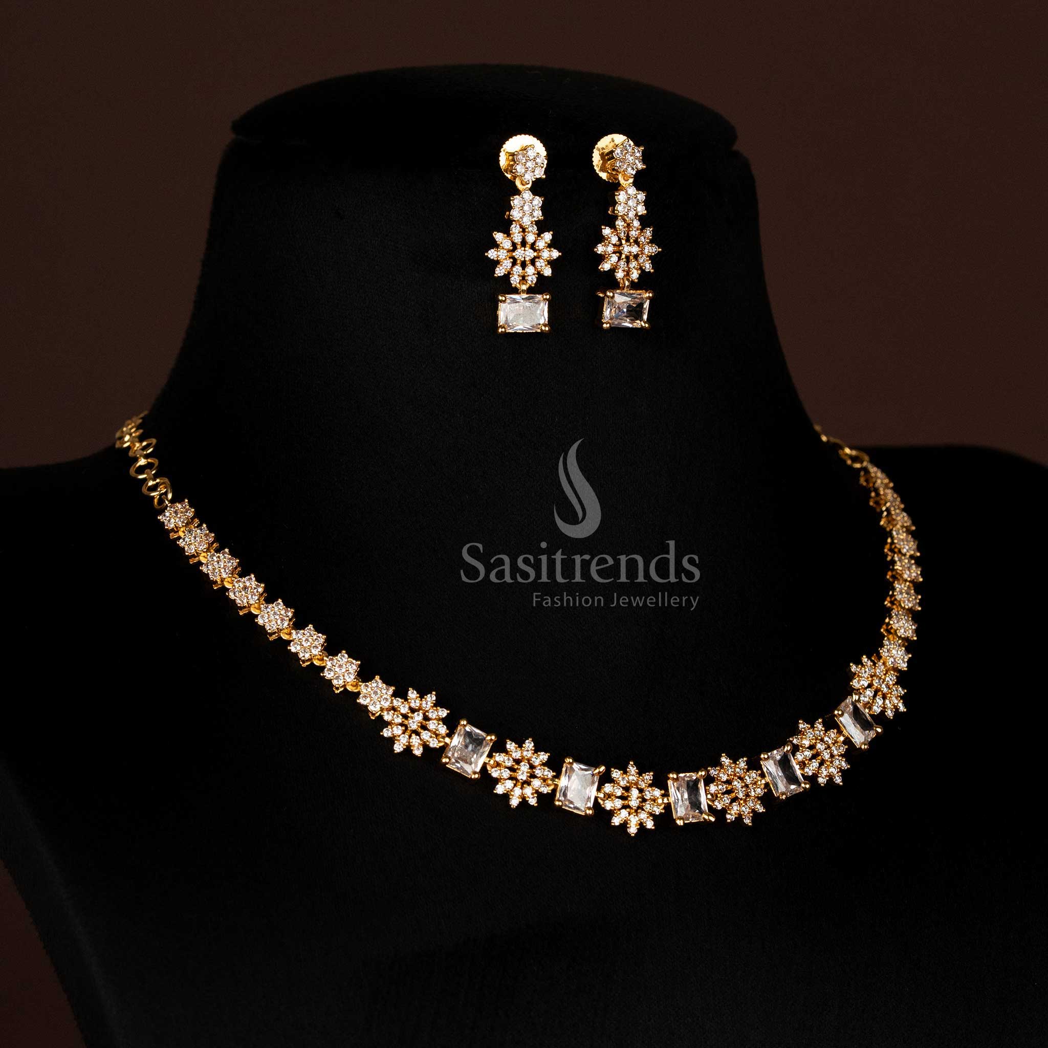 Full view of elegant American Diamond micro gold plated necklace set with alternating starburst and rectangular stone design, perfect for grand occasions - Sasitrends