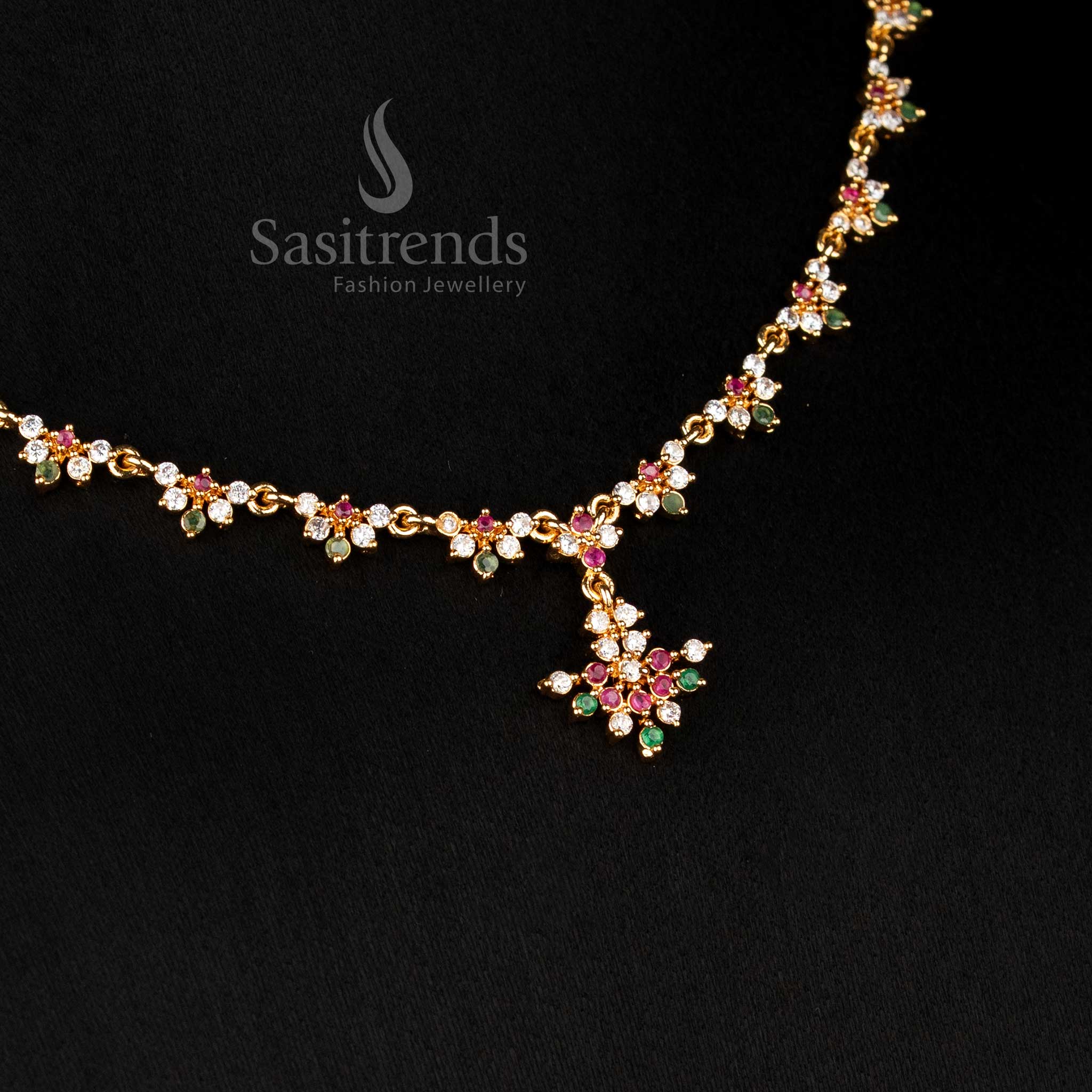 Elegant Multi American Diamond Micro Gold Plated Floral Cluster Earrings Set With Traditional Design Jewellery - Sasitrends